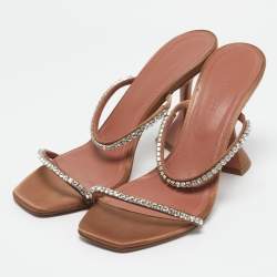 Pre Owned Amina Muaddi Beige Satin Gilda Crystal Embellished Slide Sandals Size 37.5