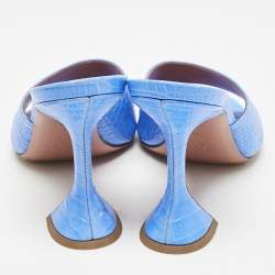 Amina Muaddi Blue Croc Embossed Leather Lupita Slide Sandals Size 38