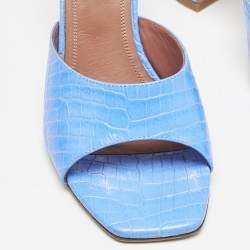 Amina Muaddi Blue Croc Embossed Leather Lupita Slide Sandals Size 38