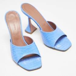 Amina Muaddi Blue Croc Embossed Leather Lupita Slide Sandals Size 38