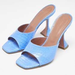 Amina Muaddi Blue Croc Embossed Leather Lupita Slide Sandals Size 38