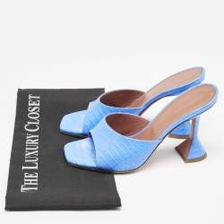 Amina Muaddi Blue Croc Embossed Leather Lupita Slide Sandals Size 38
