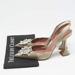 Pre Owned Amina Muaddi Grey Satin Begum Crystal-Embellished Slingback Pumps Size 41