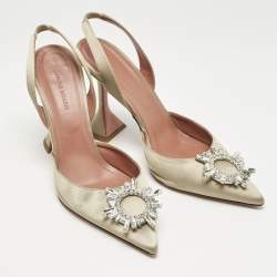 Pre Owned Amina Muaddi Grey Satin Begum Crystal-Embellished Slingback Pumps Size 41