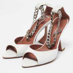 Amina Muaddi x AWGE White Leather Flacko Chain Ankle Strap Sandals Size 37