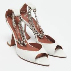 Amina Muaddi x AWGE White Leather Flacko Chain Ankle Strap Sandals Size 37