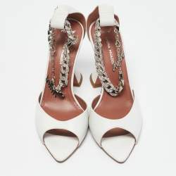 Amina Muaddi x AWGE White Leather Flacko Chain Ankle Strap Sandals Size 37
