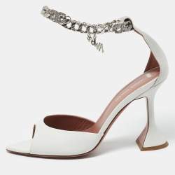 Amina Muaddi x AWGE White Leather Flacko Chain Ankle Strap Sandals Size 37