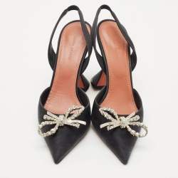 Amina Muaddi Black Satin Begum Crystal-Embellished Slingback Pumps Size 38