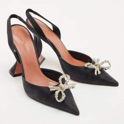 Amina Muaddi Black Satin Begum Crystal-Embellished Slingback Pumps Size 38