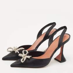 Amina Muaddi Black Satin Begum Crystal-Embellished Slingback Pumps Size 38
