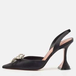 Amina Muaddi Black Satin Begum Crystal-Embellished Slingback Pumps Size 38