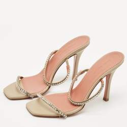 Amina Muaddi Grey Leather Crystal Embellished Gilda Slide Sandals Size 36.5