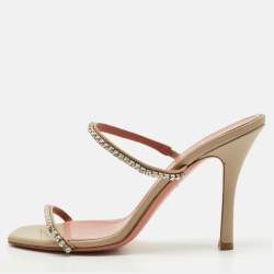 Amina Muaddi Grey Leather Crystal Embellished Gilda Slide Sandals Size 36.5