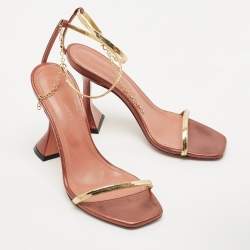 Pre Owned Amina Muaddi Pink/Gold  Leather Gid Ankle Strap Sandals Size 36