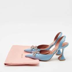Amina Muaddi Blue Satin Begum Crystal-Embellished Slingback Pumps Size 39