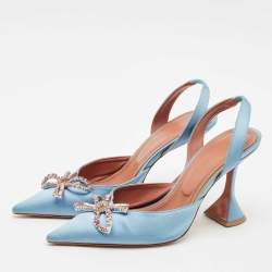 Amina Muaddi Blue Satin Begum Crystal-Embellished Slingback Pumps Size 39