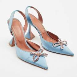 Amina Muaddi Blue Satin Begum Crystal-Embellished Slingback Pumps Size 39
