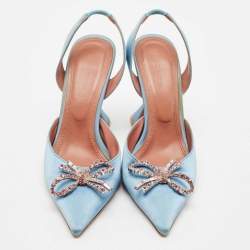 Amina Muaddi Blue Satin Begum Crystal-Embellished Slingback Pumps Size 39