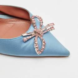 Amina Muaddi Blue Satin Begum Crystal-Embellished Slingback Pumps Size 39