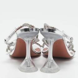 Amina Muaddi Silver Leather Glid Ankle Strap Sandals Size 36