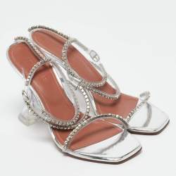 Amina Muaddi Silver Leather Glid Ankle Strap Sandals Size 36