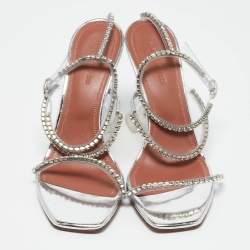 Amina Muaddi Silver Leather Glid Ankle Strap Sandals Size 36