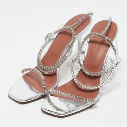Amina Muaddi Silver Leather Glid Ankle Strap Sandals Size 36