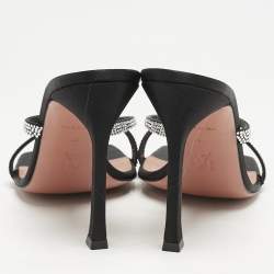 Pre Owned Amina Muaddi Black Satin Crystal Embellished Crisscross Adriana Slide Sandals Size 40