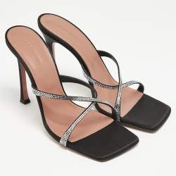 Pre Owned Amina Muaddi Black Satin Crystal Embellished Crisscross Adriana Slide Sandals Size 40