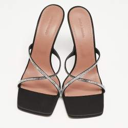 Pre Owned Amina Muaddi Black Satin Crystal Embellished Crisscross Adriana Slide Sandals Size 40