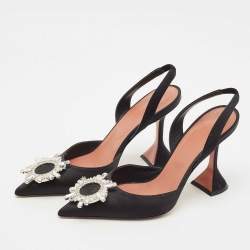 Amina Muaddi Black Satin Begum Crystal-Embellished Slingback Pumps Size 38