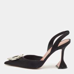 Amina Muaddi Black Satin Begum Crystal-Embellished Slingback Pumps Size 38