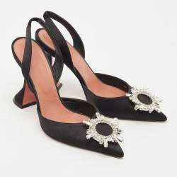 Amina Muaddi Black Satin Begum Crystal-Embellished Slingback Pumps Size 38