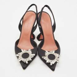 Amina Muaddi Black Satin Begum Crystal-Embellished Slingback Pumps Size 38