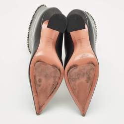 Amina Muaddi Black Leather Crystal Embellished Ankle Length Boots Size 41