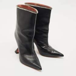 Amina Muaddi Black Leather Crystal Embellished Ankle Length Boots Size 41