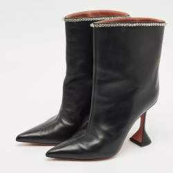 Amina Muaddi Black Leather Crystal Embellished Ankle Length Boots Size 41
