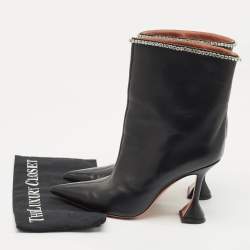 Amina Muaddi Black Leather Crystal Embellished Ankle Length Boots Size 41