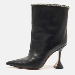 Amina Muaddi Black Leather Crystal Embellished Ankle Length Boots Size 41