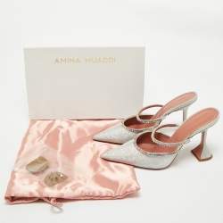 Pre Owned Amina Muaddi Silver Glitter Gilda Mules Size 41