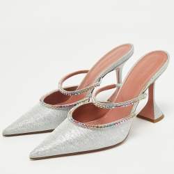 Pre Owned Amina Muaddi Silver Glitter Gilda Mules Size 41