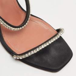 Pre Owned Amina Muaddi Black Satin Glida Crystals Ankle Strap Sandals Size 38.5