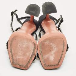 Pre Owned Amina Muaddi Black Satin Glida Crystals Ankle Strap Sandals Size 38.5