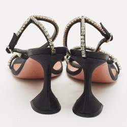 Pre Owned Amina Muaddi Black Satin Glida Crystals Ankle Strap Sandals Size 38.5