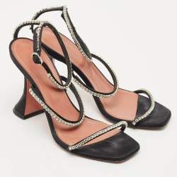 Pre Owned Amina Muaddi Black Satin Glida Crystals Ankle Strap Sandals Size 38.5