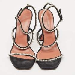 Pre Owned Amina Muaddi Black Satin Glida Crystals Ankle Strap Sandals Size 38.5
