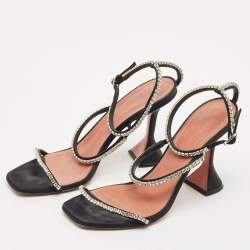 Pre Owned Amina Muaddi Black Satin Glida Crystals Ankle Strap Sandals Size 38.5