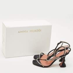 Pre Owned Amina Muaddi Black Satin Glida Crystals Ankle Strap Sandals Size 38.5