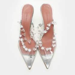 Pre Owned Amina Muaddi Transperent PVC Crystal Embellished Julia Mule Sandals Size 38.5